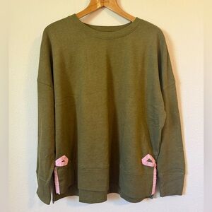 Olive Green Sweatershirt with Pink Bows